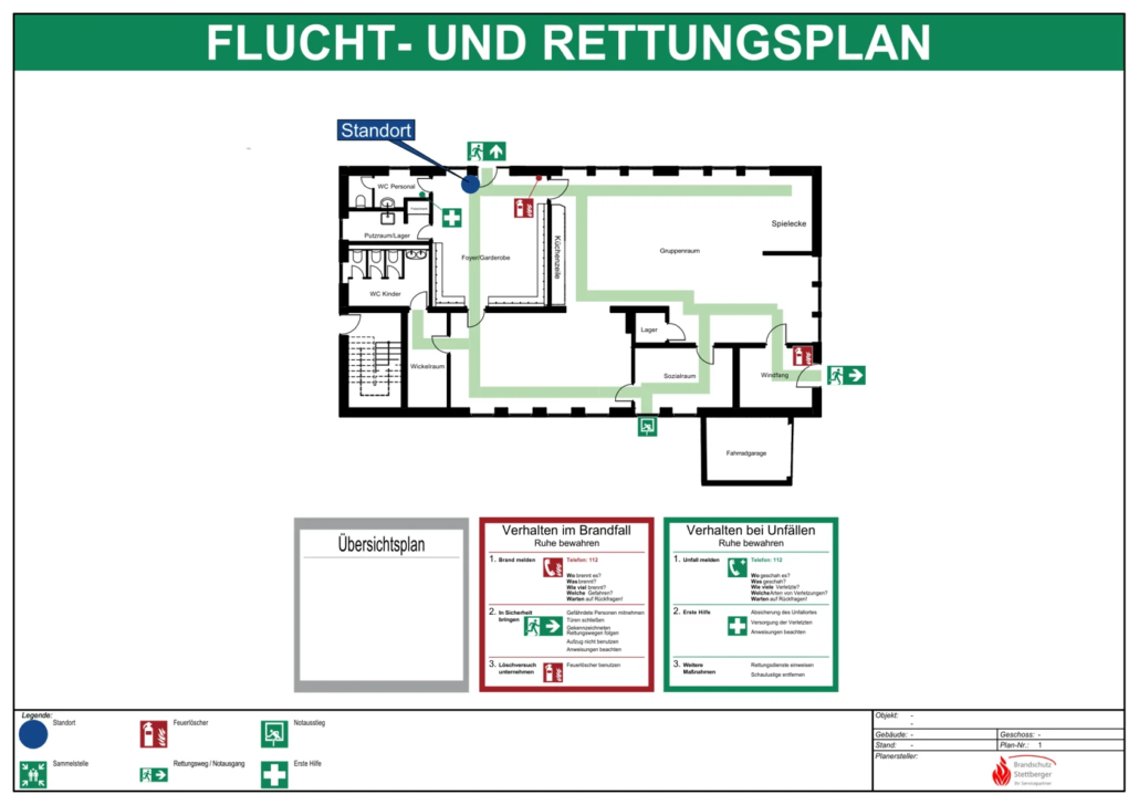Beispiel eines Flucht- und Rettungsplans mit Grundriss, Fluchtwegen und Verhaltensregeln