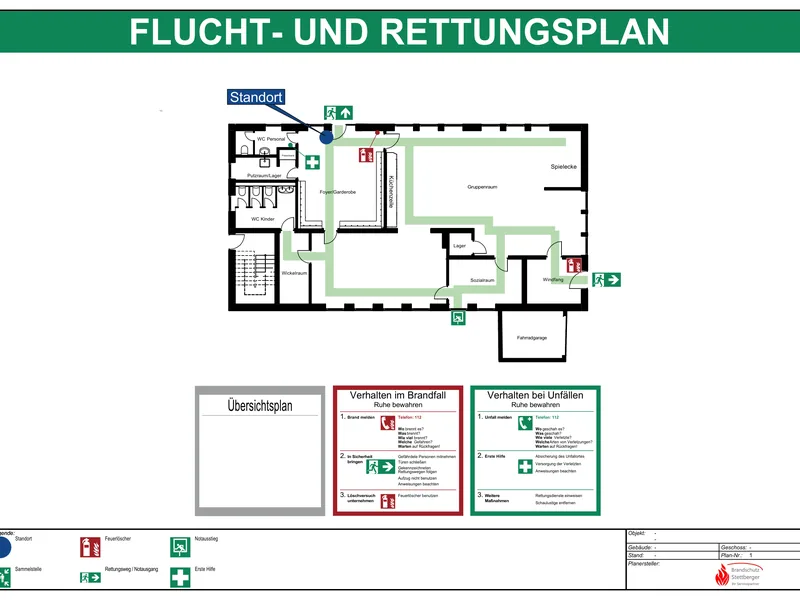 Beispiel eines Flucht- und Rettungsplans mit Grundriss und Fluchtwegen